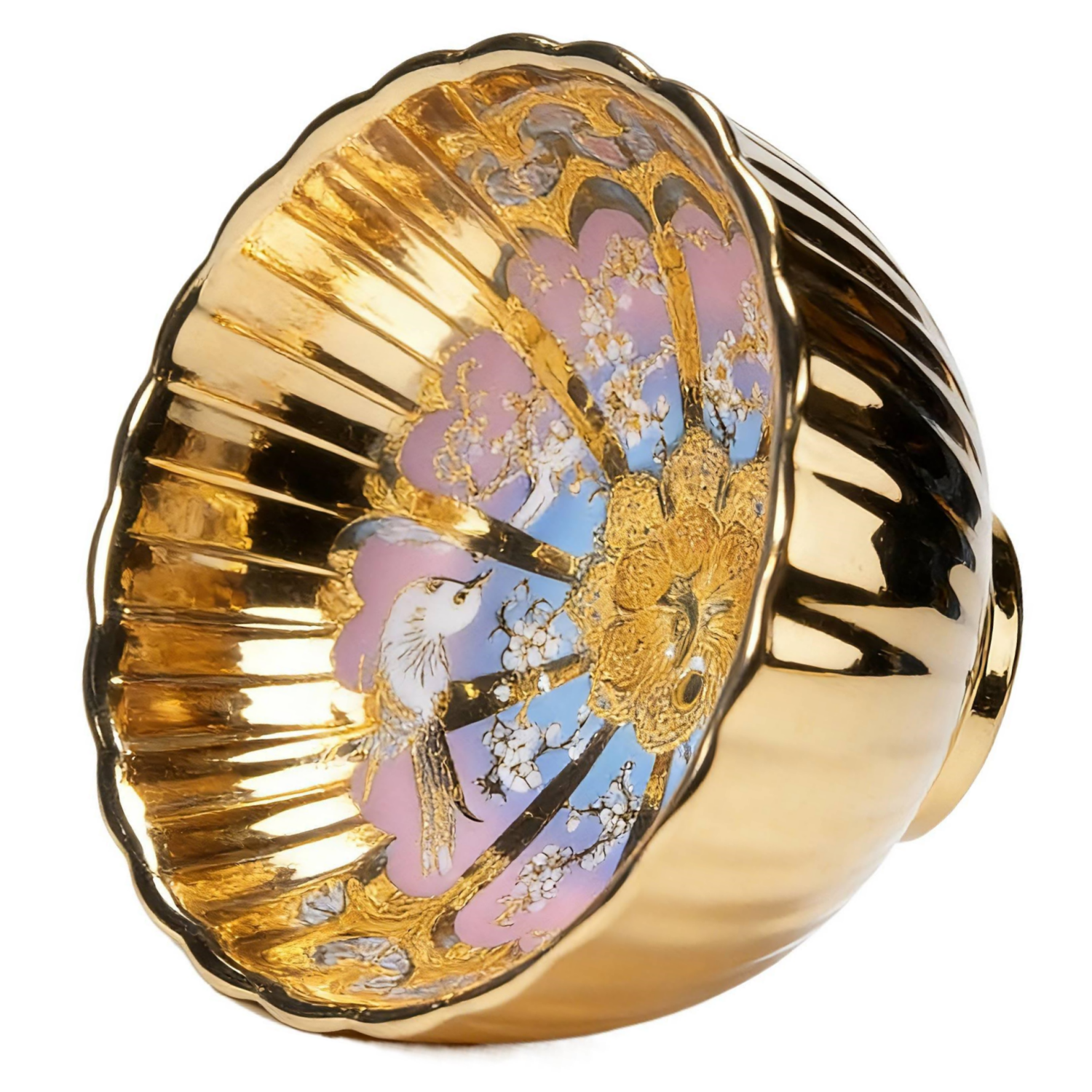 Golden Luminous Magpie & Peacock Tenmoku Silver Inlaid Master Cup
