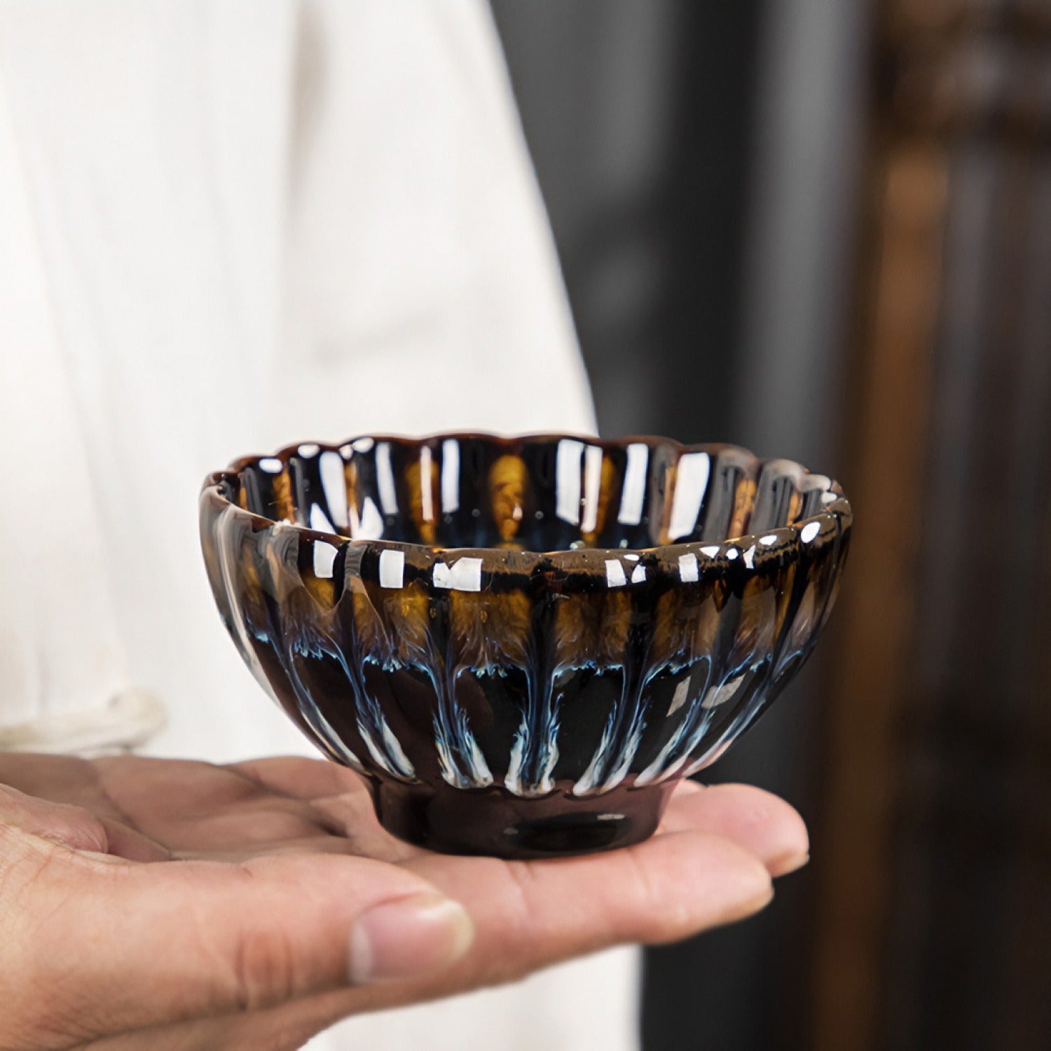 Kiln Change Tenmoku Cup Silver Phoenix Inlaid