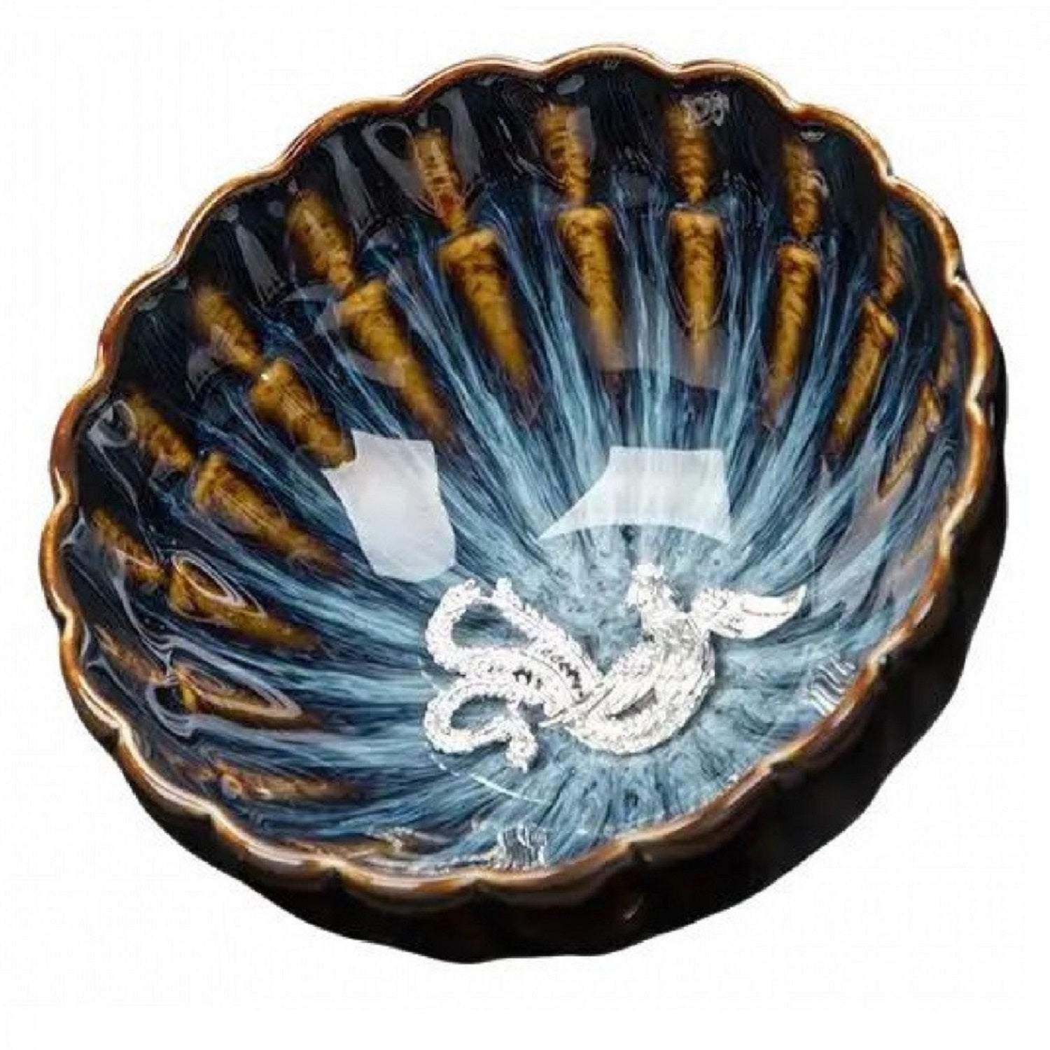 Kiln Change Tenmoku Cup Silver Phoenix Inlaid