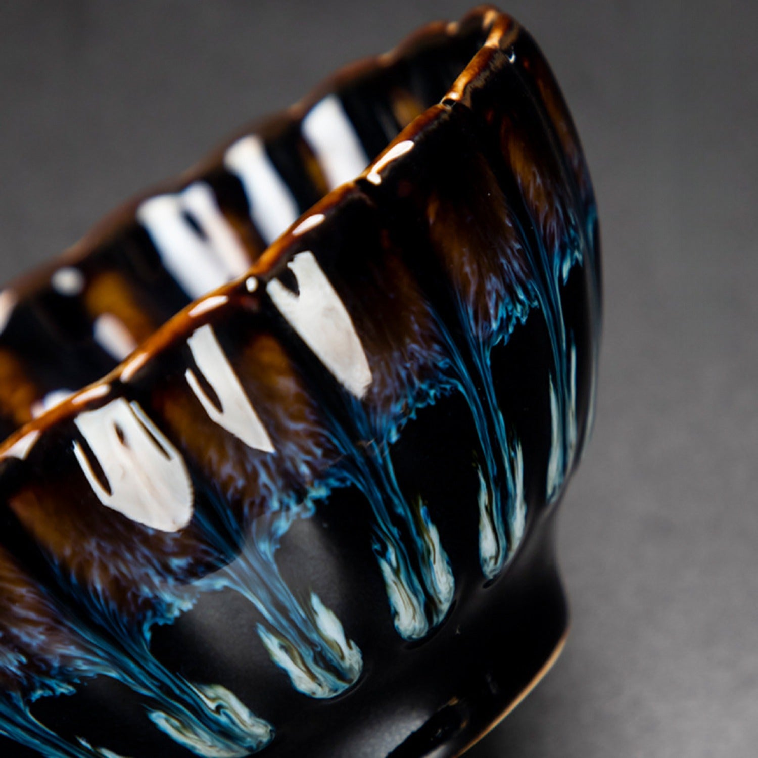 Kiln Change Tenmoku Cup Silver Phoenix Inlaid