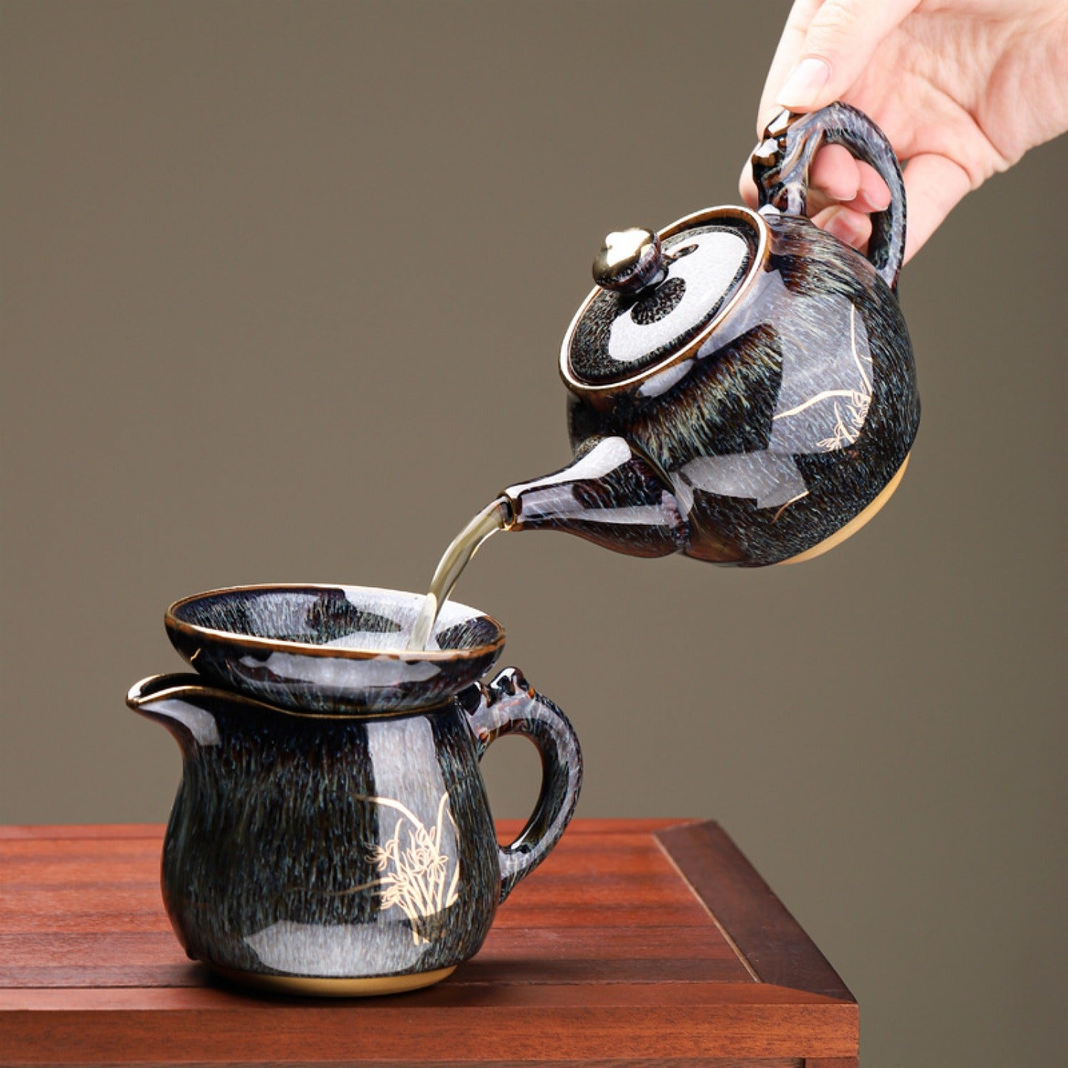 Jun Gray Gold Orchid Kiln Change Ceramic Teapot