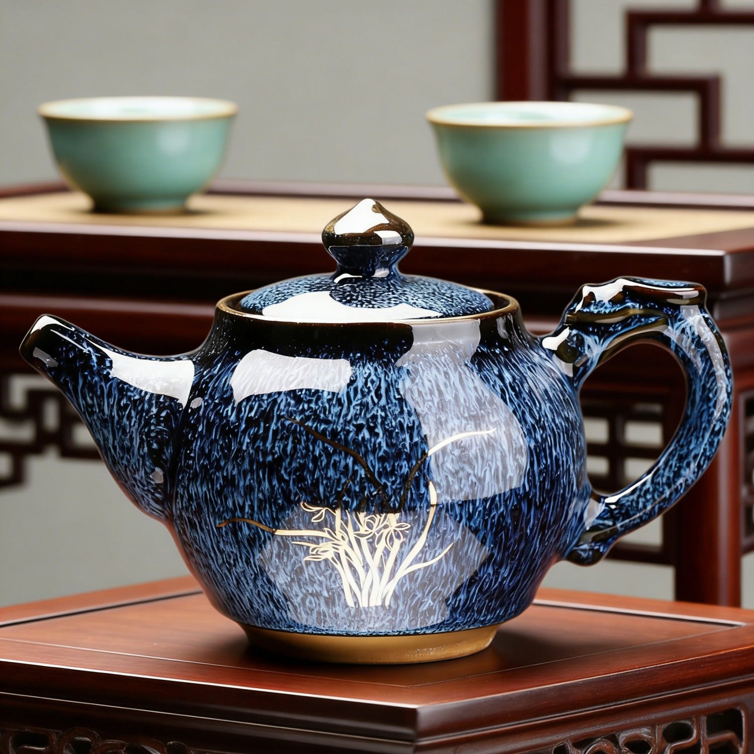 Jun Blue Gold Painted Kiln Change Ceramic Teapot