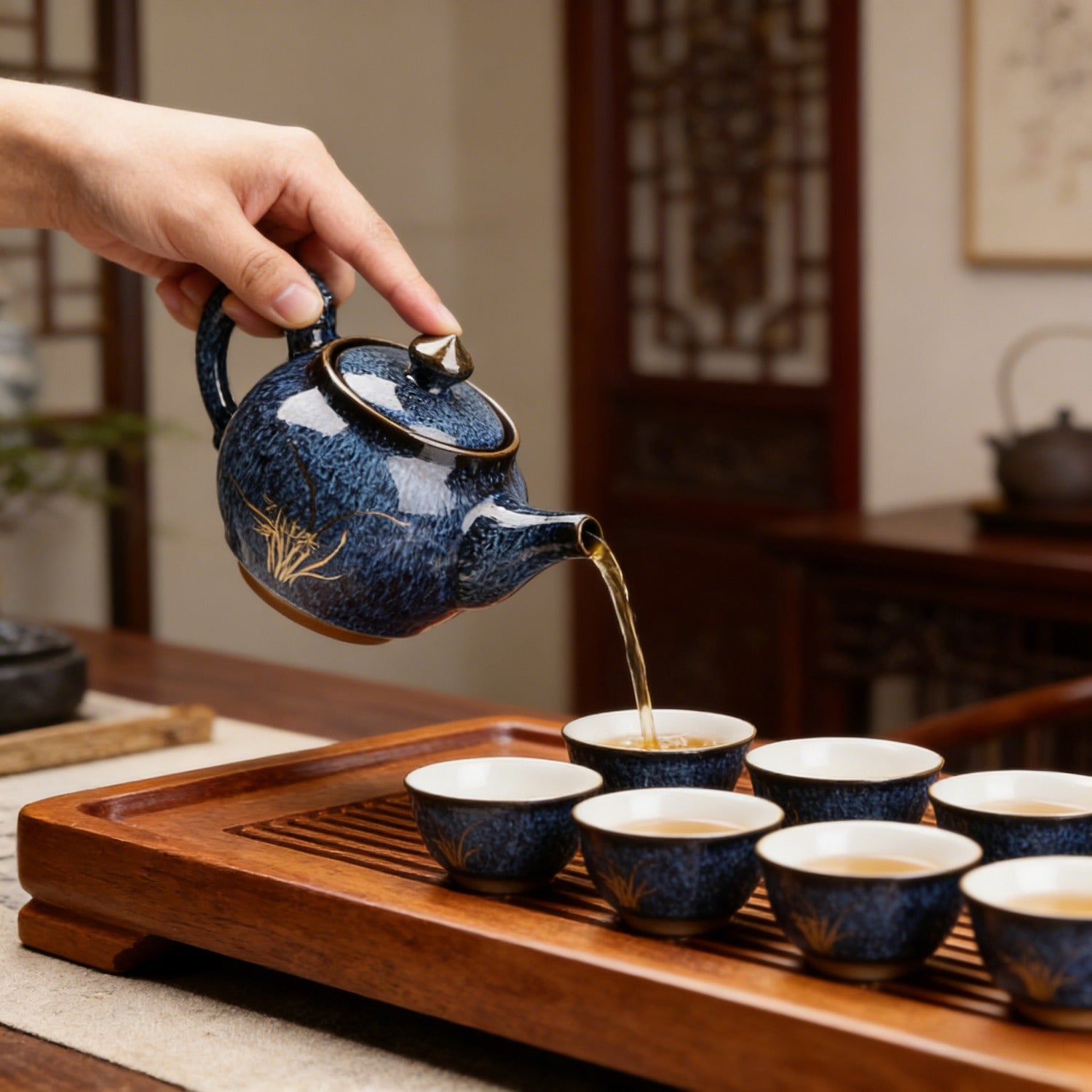 Jun Blue Gold Painted Kiln Change Ceramic Teapot
