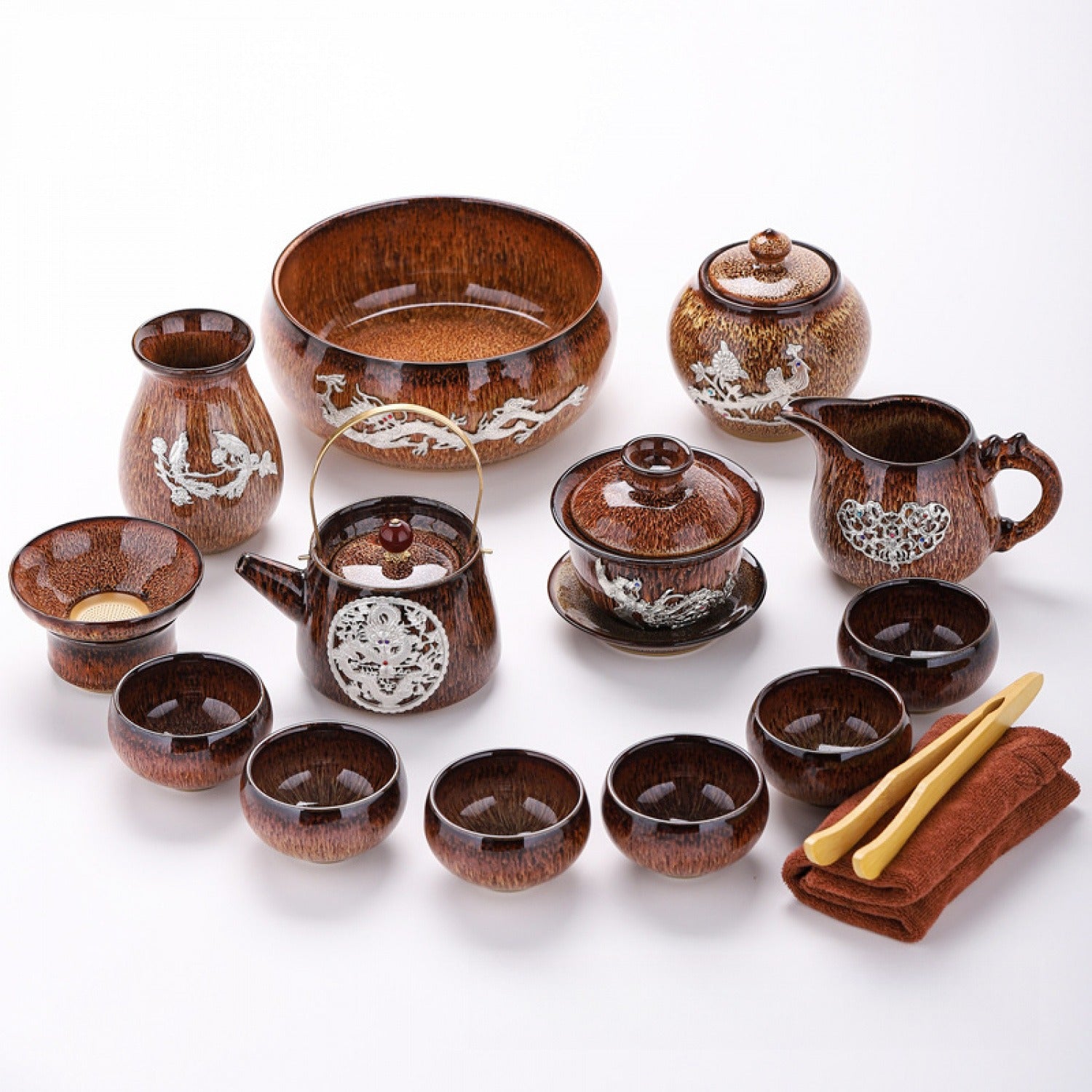 Golden Silver-Inlaid 14Pcs Handle Tea Set