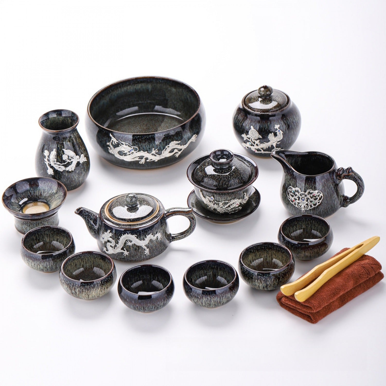 Jun Gray Silver-Inlaid 14Pcs Jinglan Tea Set