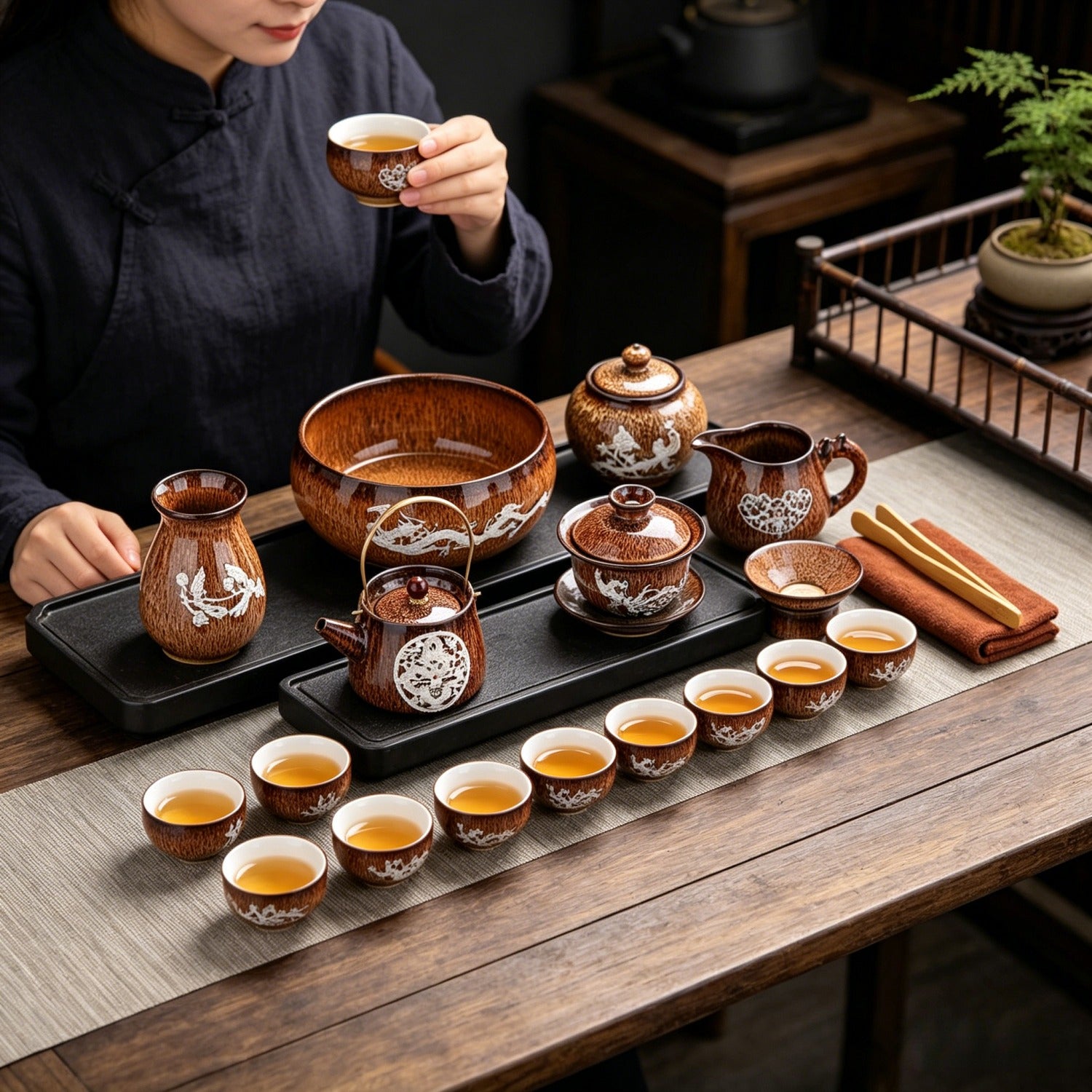 Golden Silver-Inlaid 14Pcs Handle Tea Set