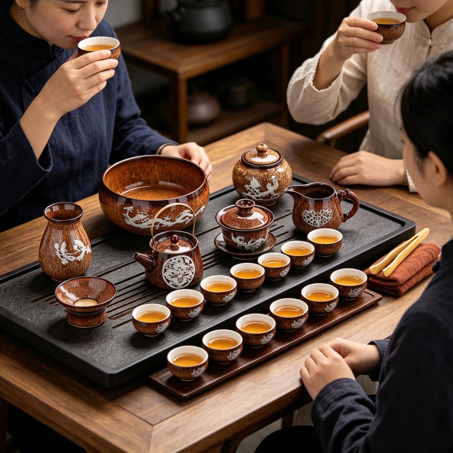 Golden Silver-Inlaid 14Pcs Handle Tea Set