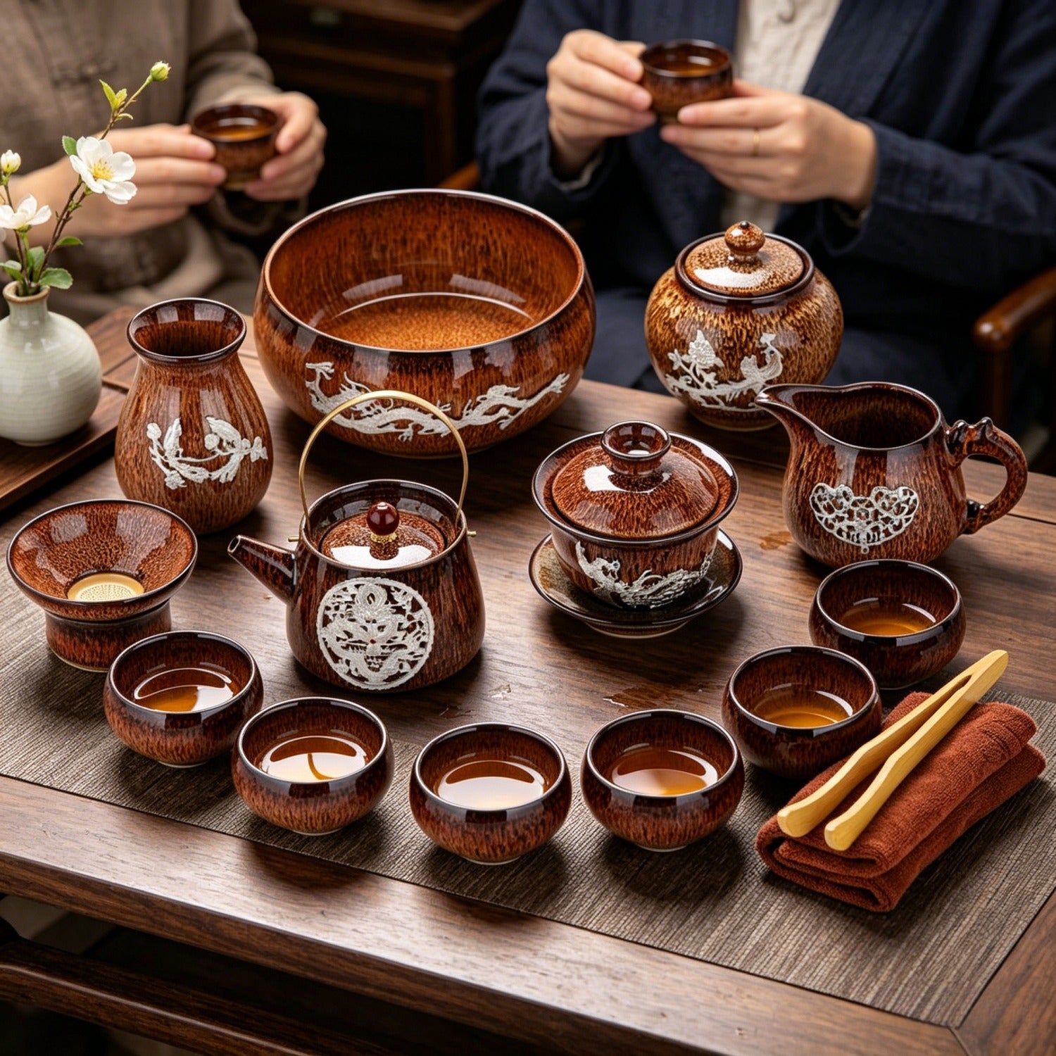 Golden Silver-Inlaid 14Pcs Handle Tea Set
