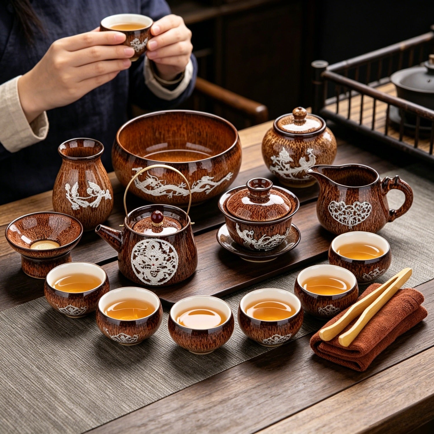 Golden Silver-Inlaid 14Pcs Handle Tea Set