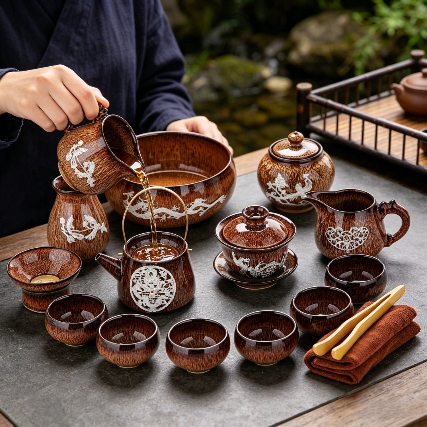 Golden Silver-Inlaid 14Pcs Handle Tea Set
