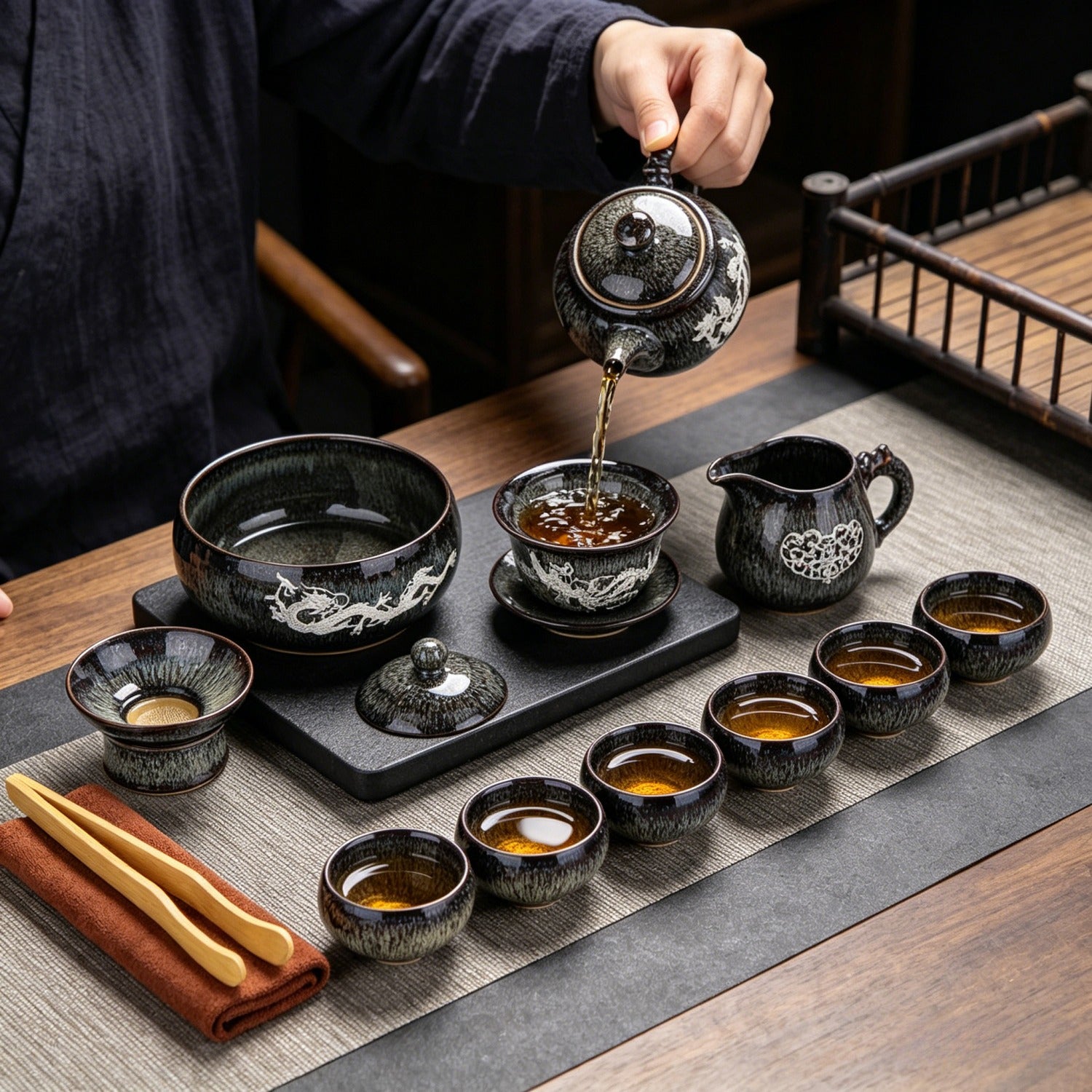Jun Gray Silver-Inlaid 14Pcs Jinglan Tea Set