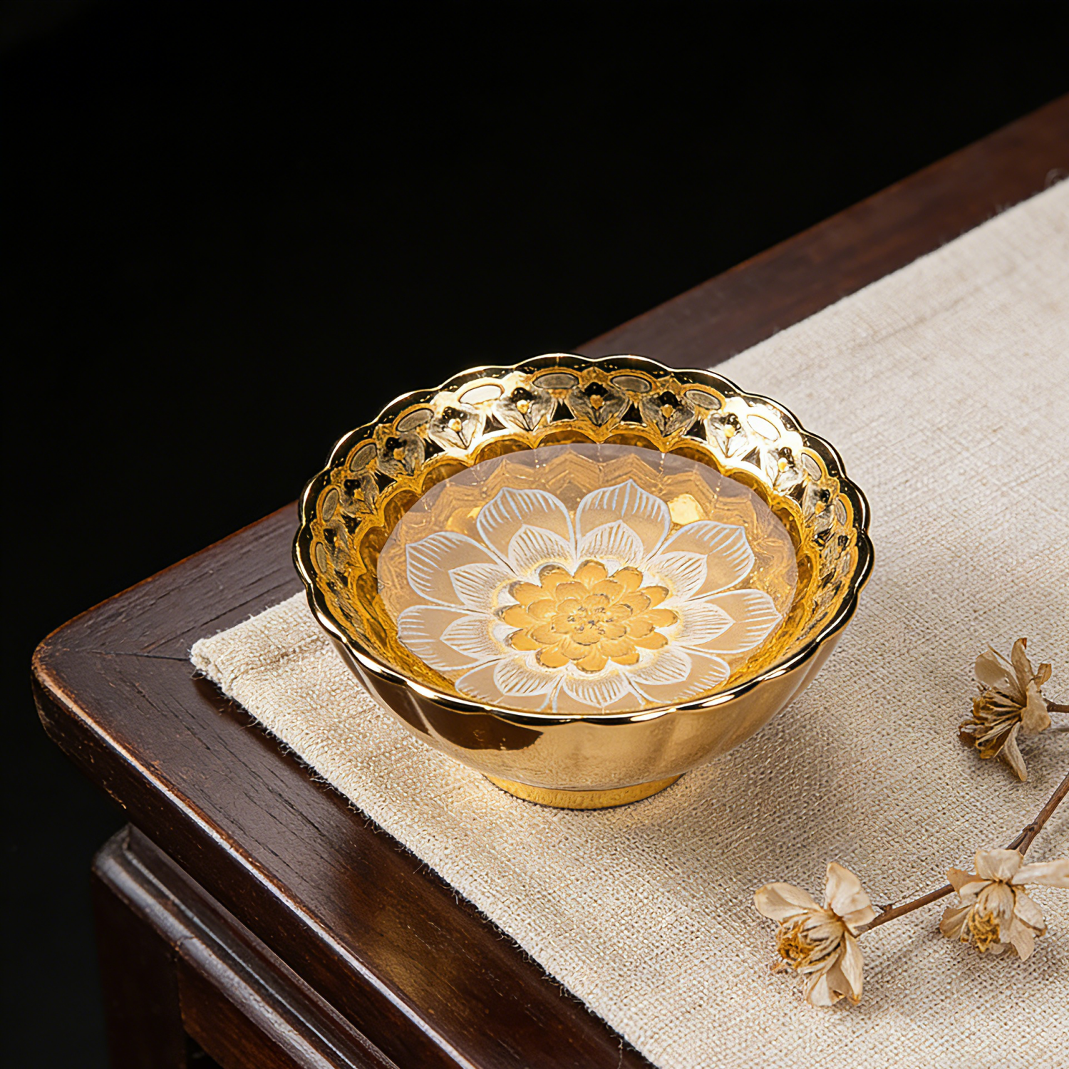 Gold White Luminous 9-Petal Lotus Tenmoku Silver Inlaid Master Cup