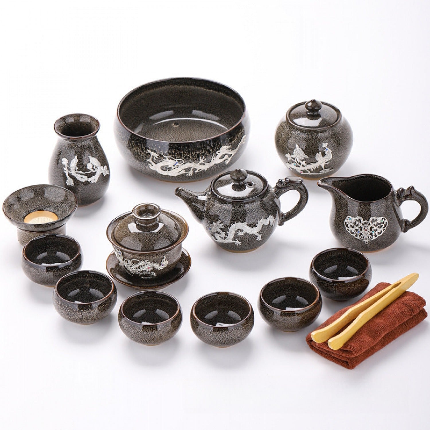 Brown Gray Silver-Inlaid 14Pcs Beauty Tea Set