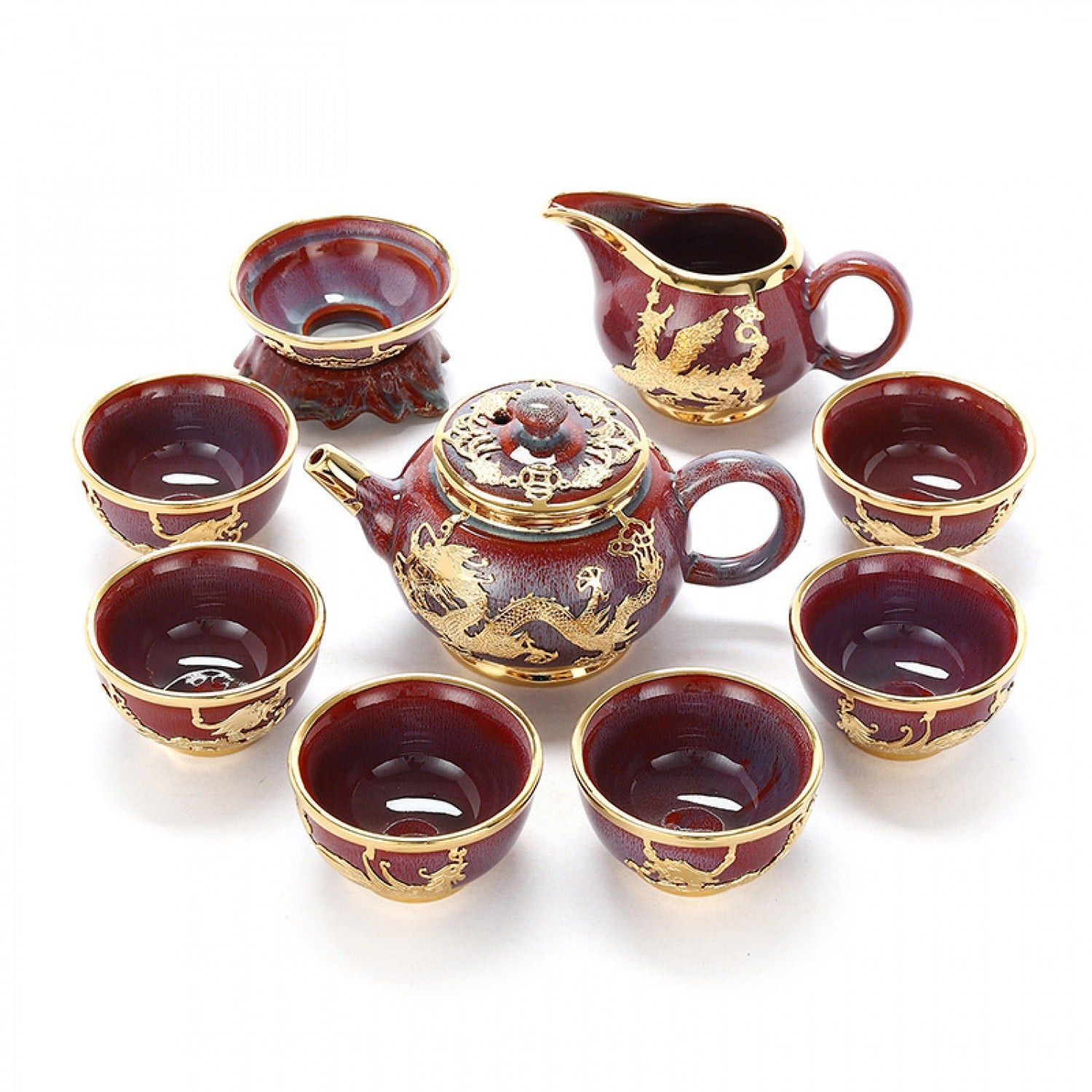 Jun Porcelain Dragon Phoenix Tea 9 Set Gold Inlaid