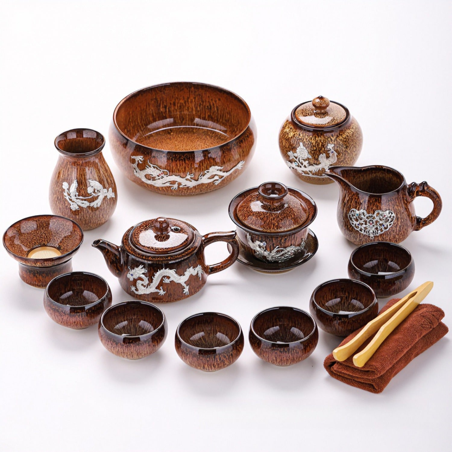 Gold Inlaid Silver 14-Piece Gongfu Tea Set