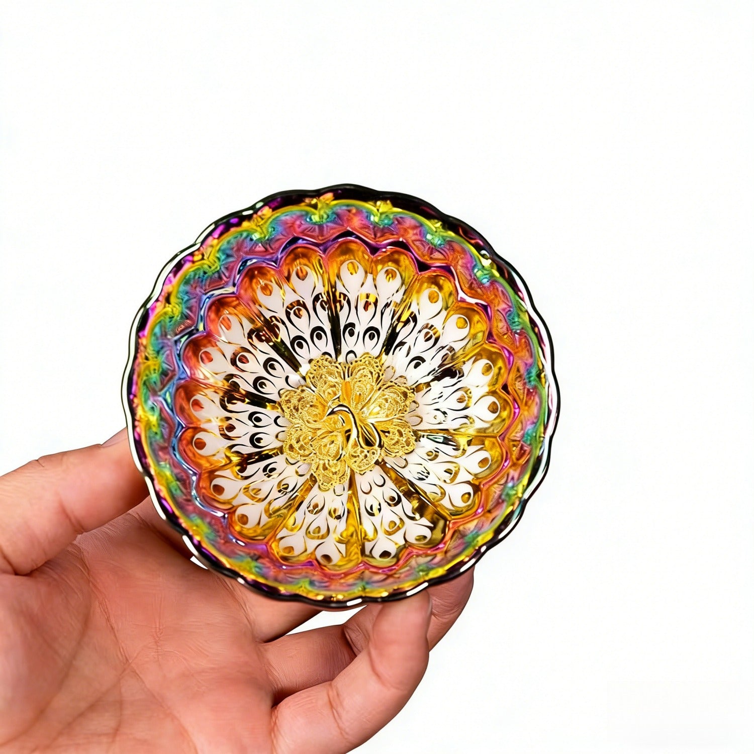Iridescent Peacock Feather Tenmoku Silver Inlaid Master Cup