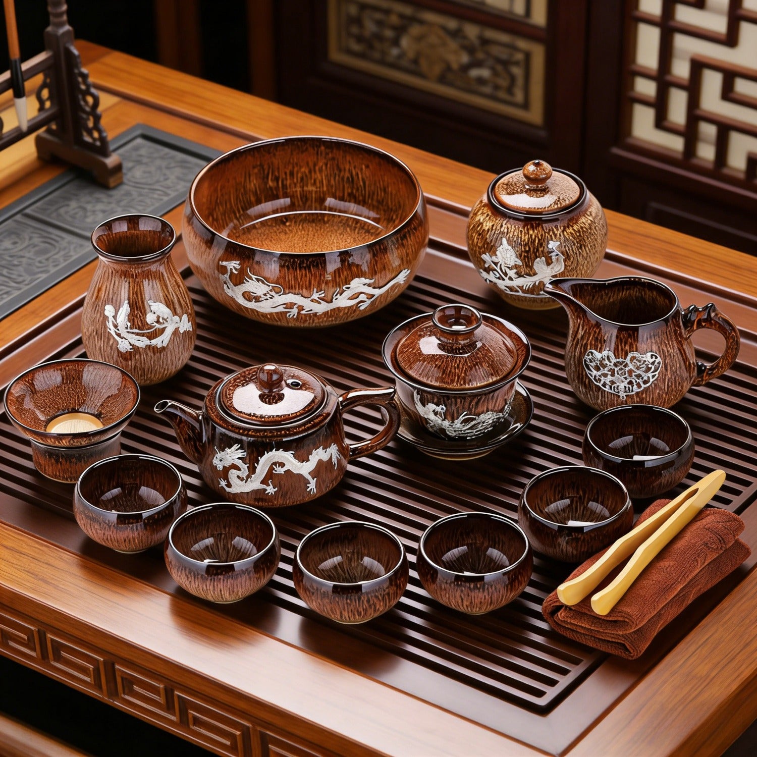Gold Inlaid Silver 14-Piece Gongfu Tea Set