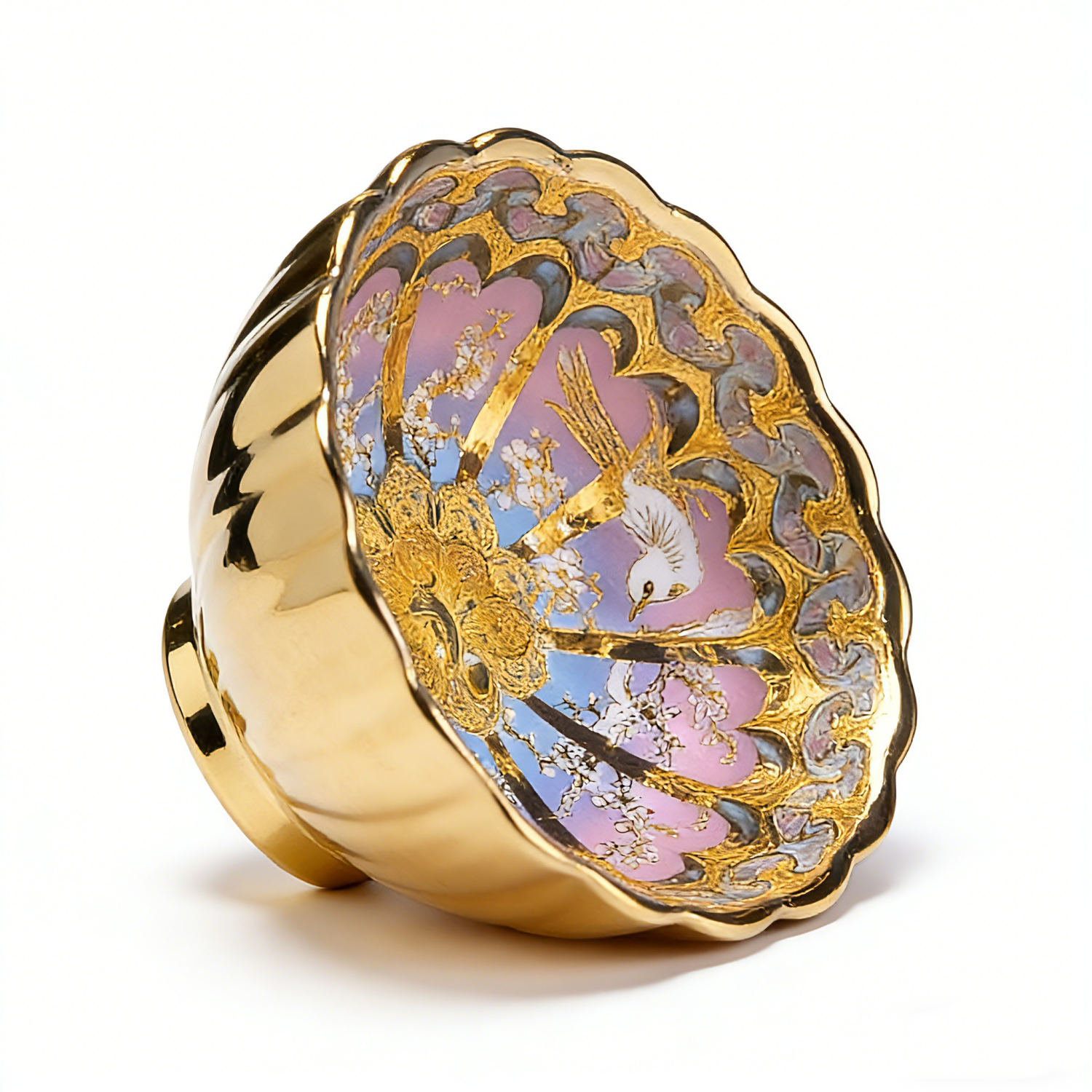 Golden Luminous Magpie & Peacock Tenmoku Silver Inlaid Master Cup