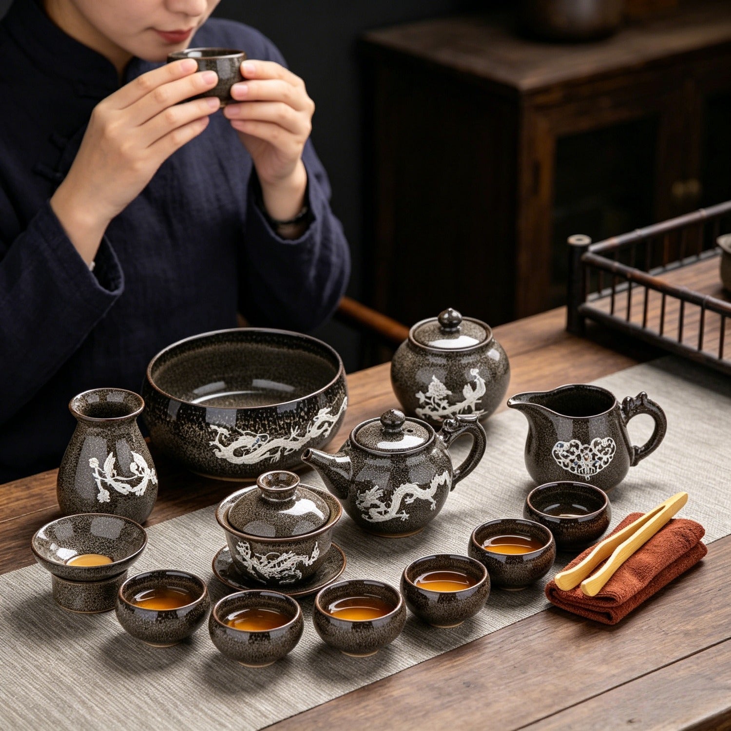 Brown Gray Silver-Inlaid 14Pcs Beauty Tea Set