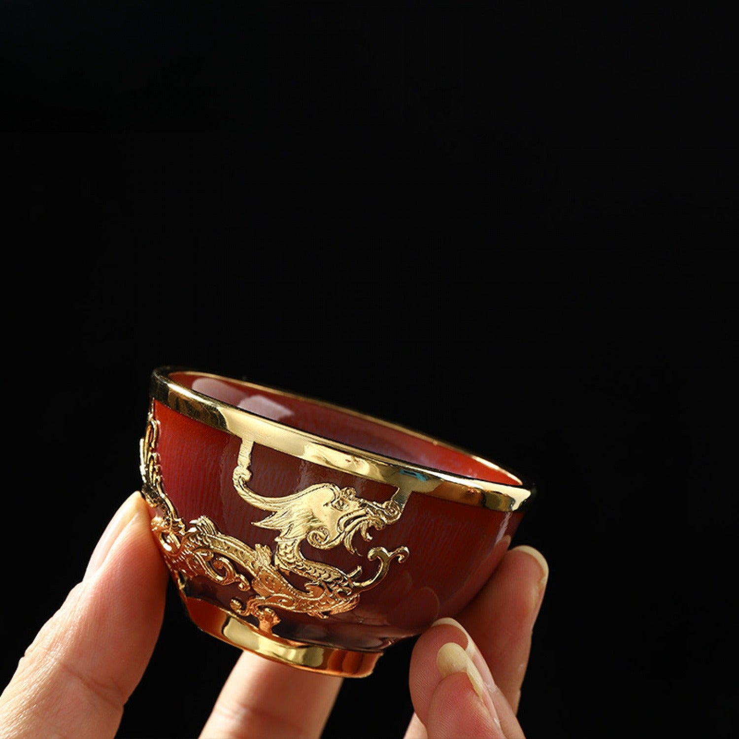 Jun Porcelain Dragon Phoenix Tea 9 Set Gold Inlaid