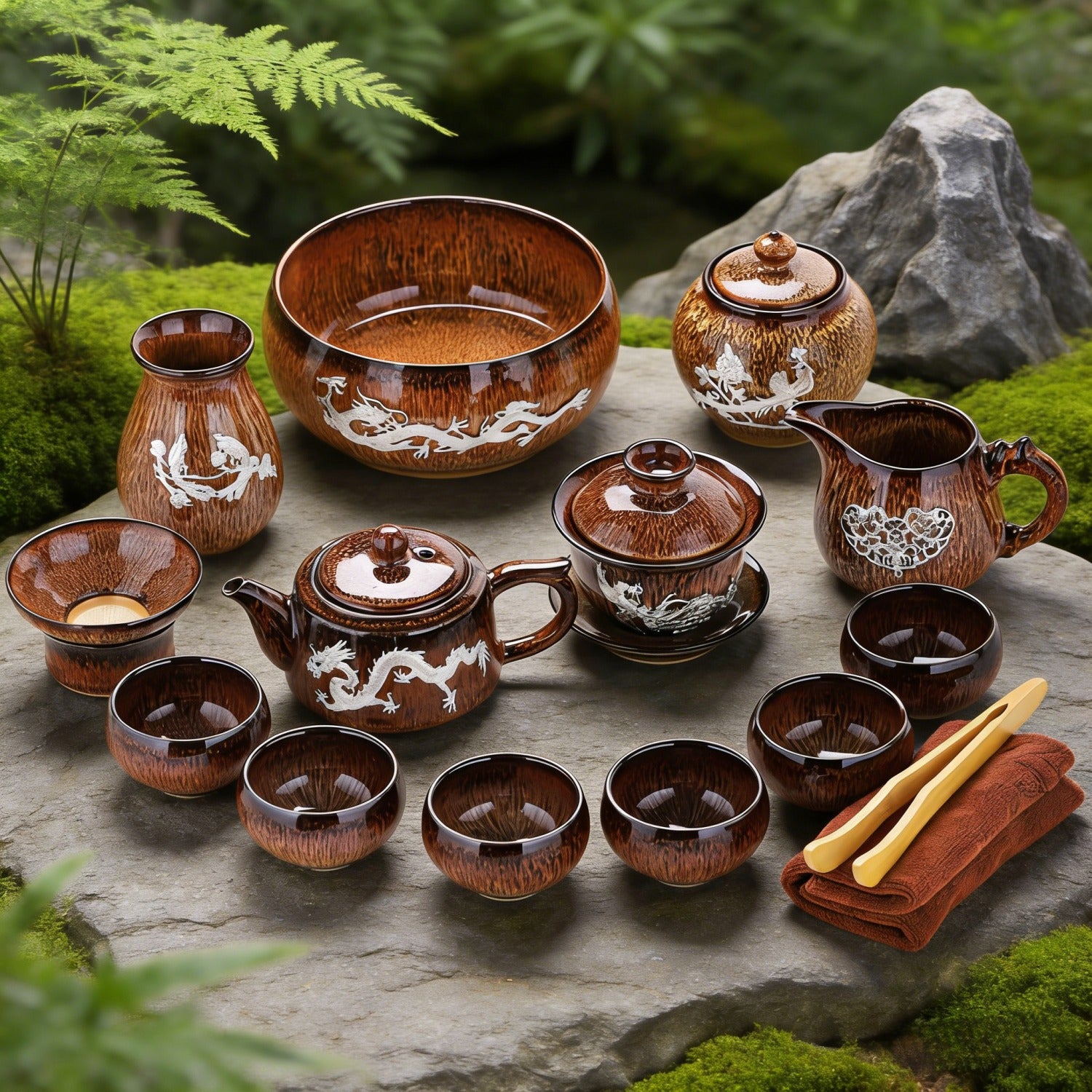 Gold Inlaid Silver 14-Piece Gongfu Tea Set