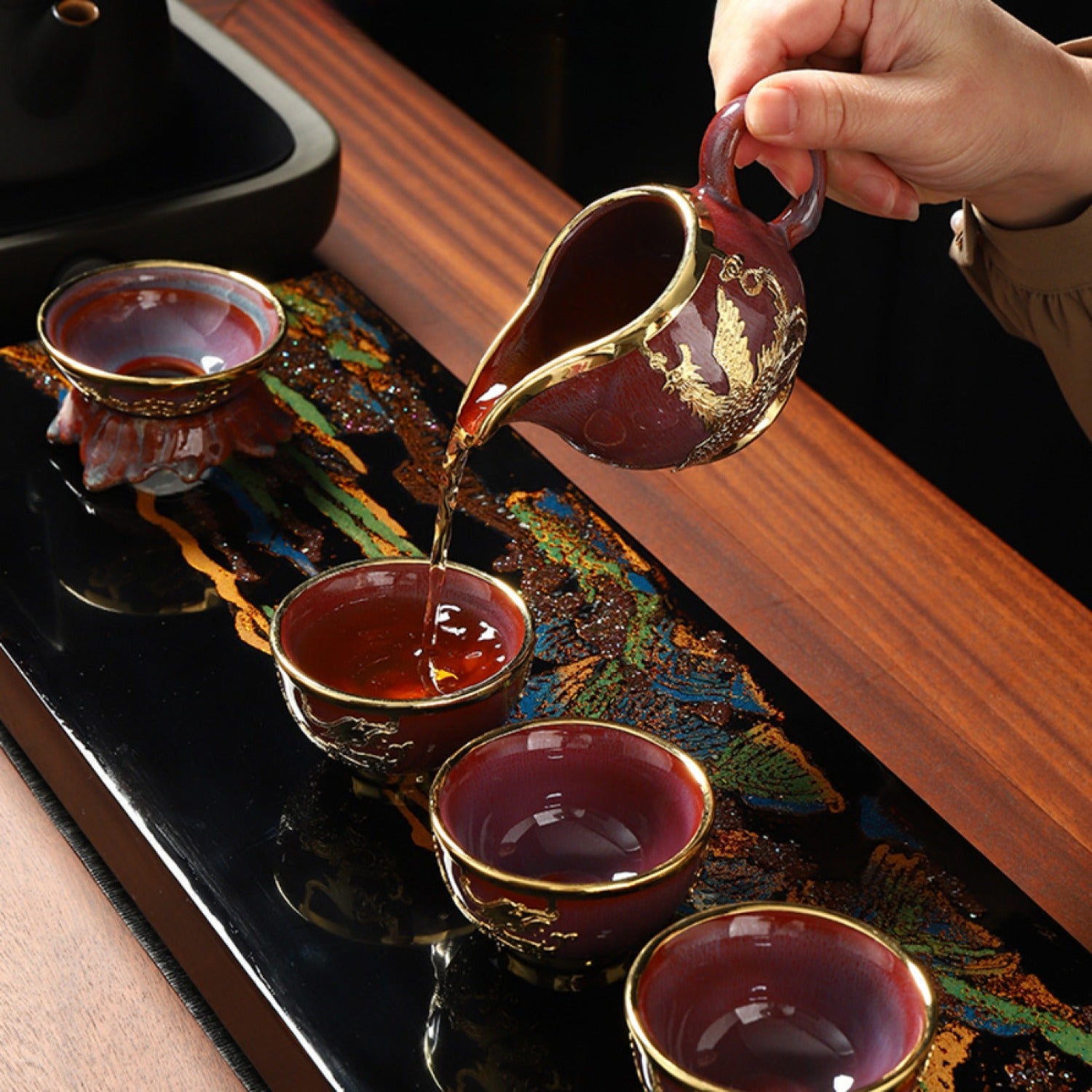 Jun Porcelain Dragon Phoenix Tea 9 Set Gold Inlaid