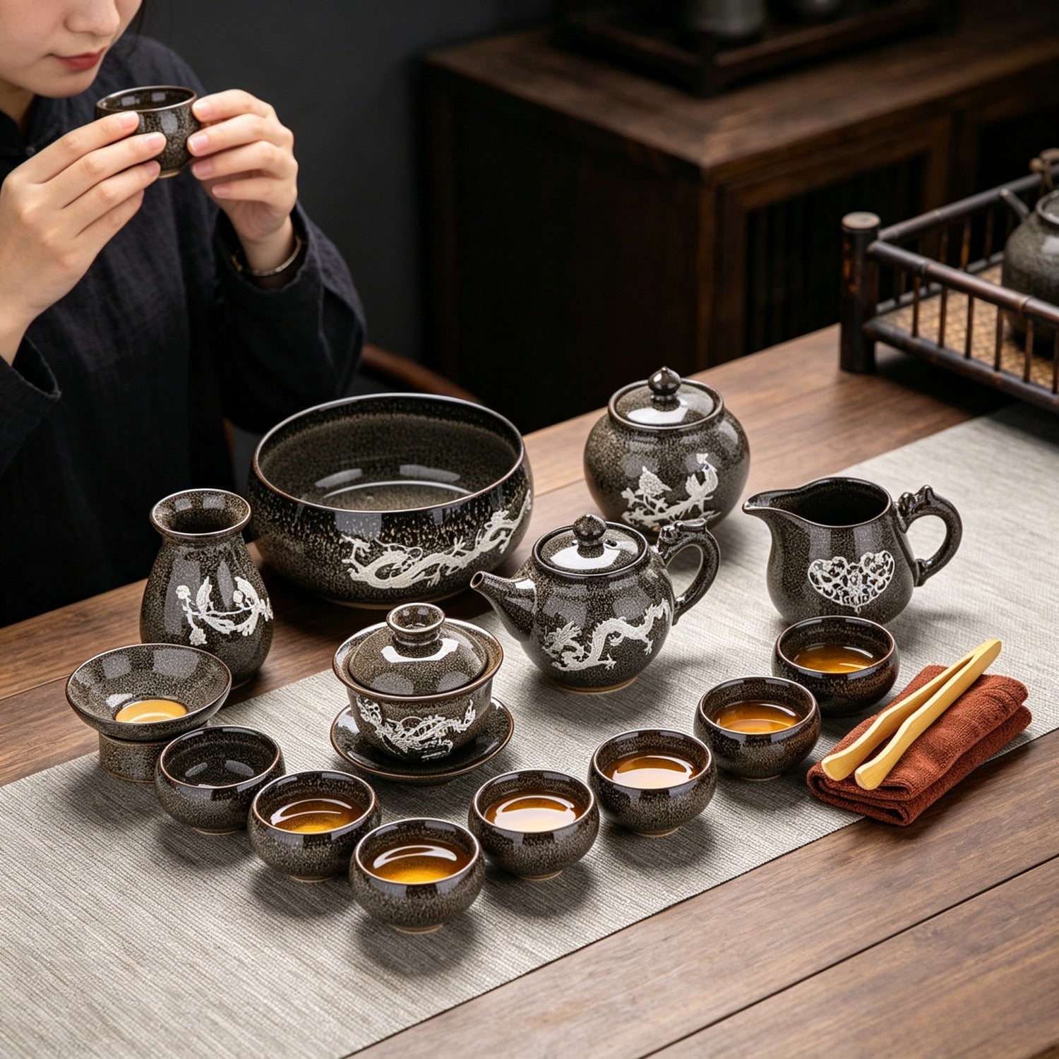 Brown Gray Silver-Inlaid 14Pcs Beauty Tea Set