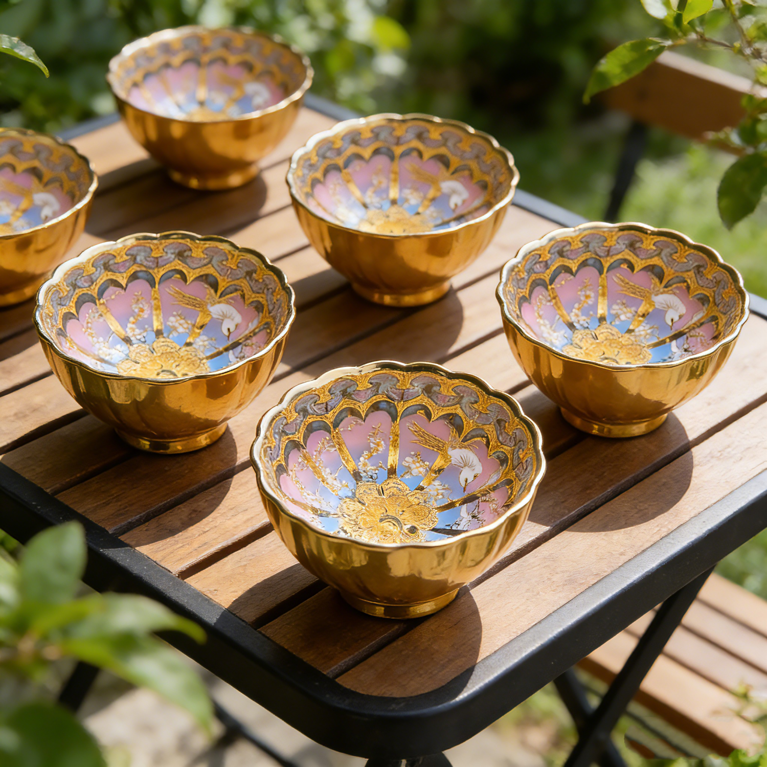 Golden Luminous Magpie & Peacock Tenmoku Silver Inlaid Master Cup