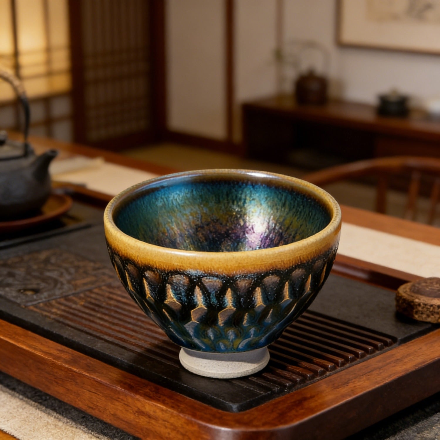 Handmade Carved Inlet Jian Ware Wood Fired Master Cup