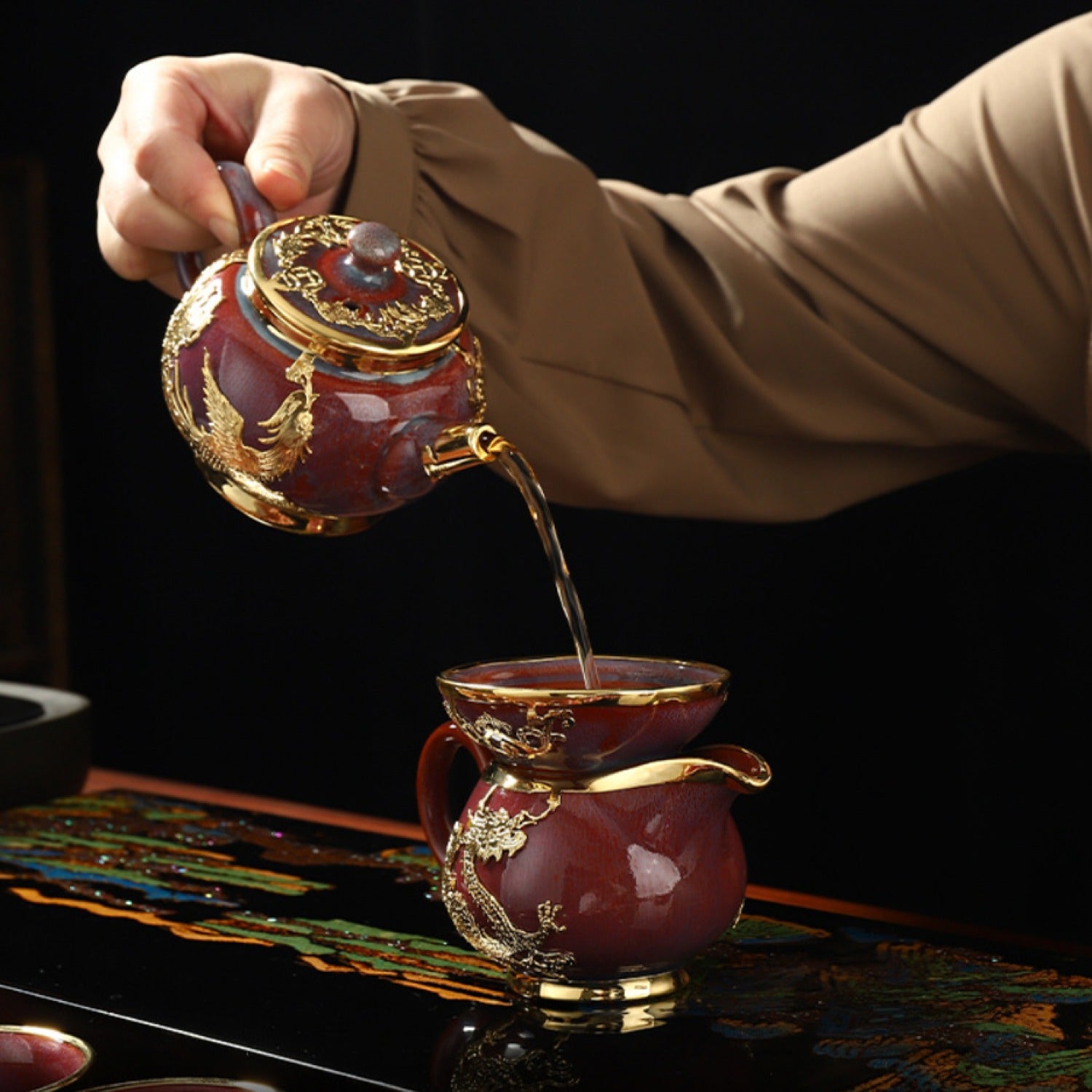 Jun Porcelain Dragon Phoenix Tea 9 Set Gold Inlaid