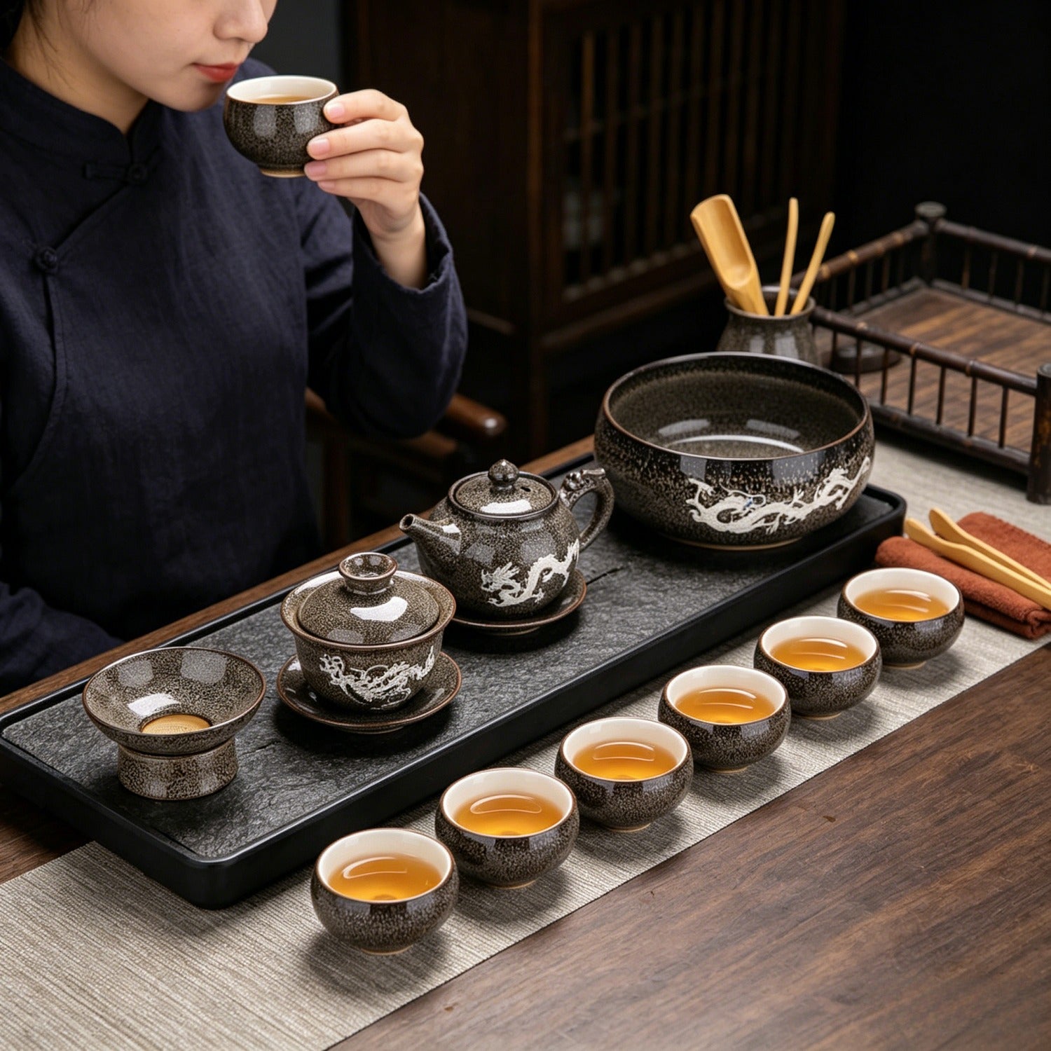 Brown Gray Silver-Inlaid 14Pcs Beauty Tea Set