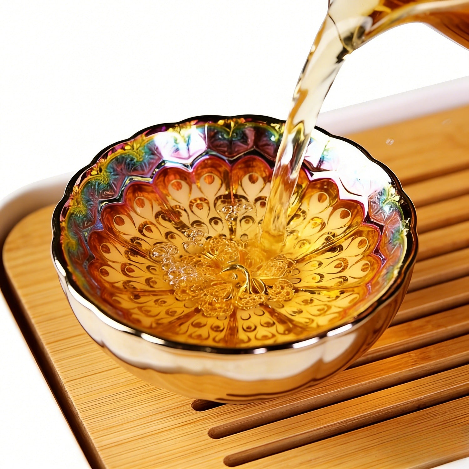 Iridescent Peacock Feather Tenmoku Silver Inlaid Master Cup