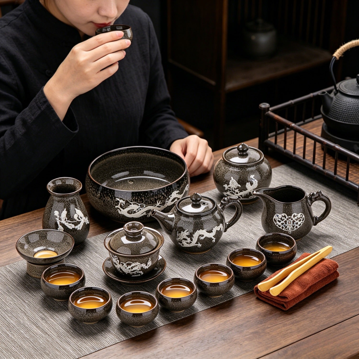 Brown Gray Silver-Inlaid 14Pcs Beauty Tea Set