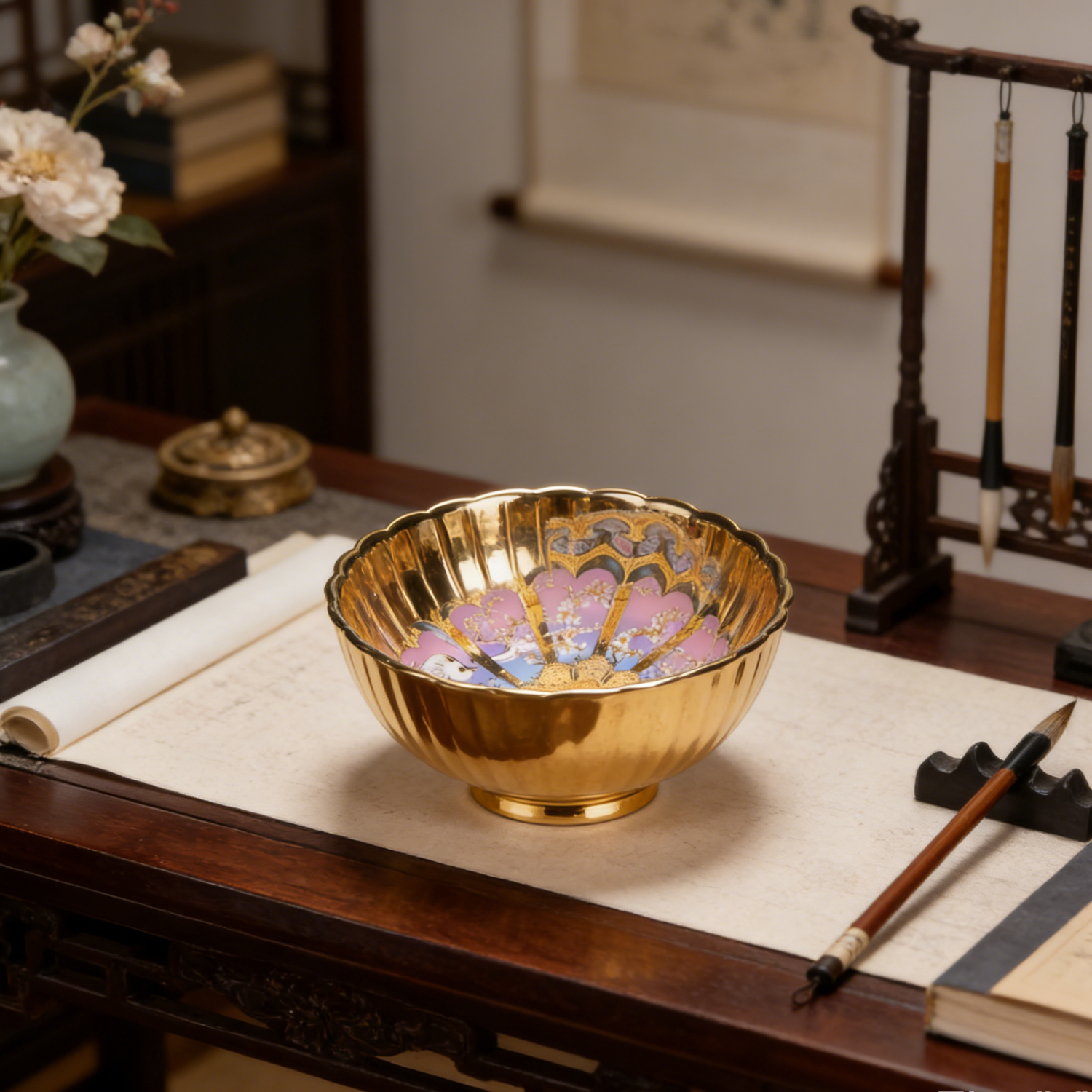 Golden Luminous Magpie & Peacock Tenmoku Silver Inlaid Master Cup