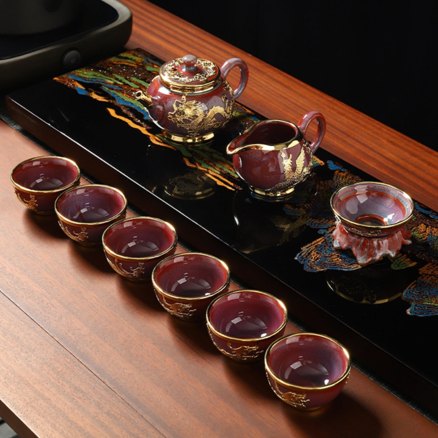 Jun Porcelain Dragon Phoenix Tea 9 Set Gold Inlaid