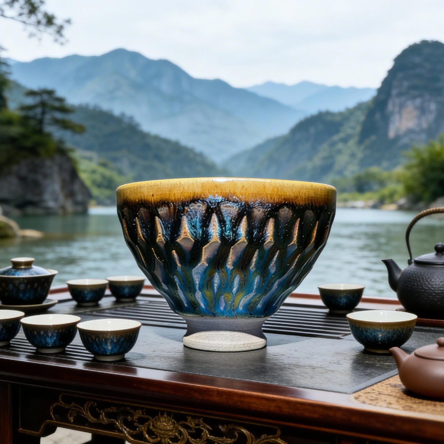 Handmade Carved Inlet Jian Ware Wood Fired Master Cup