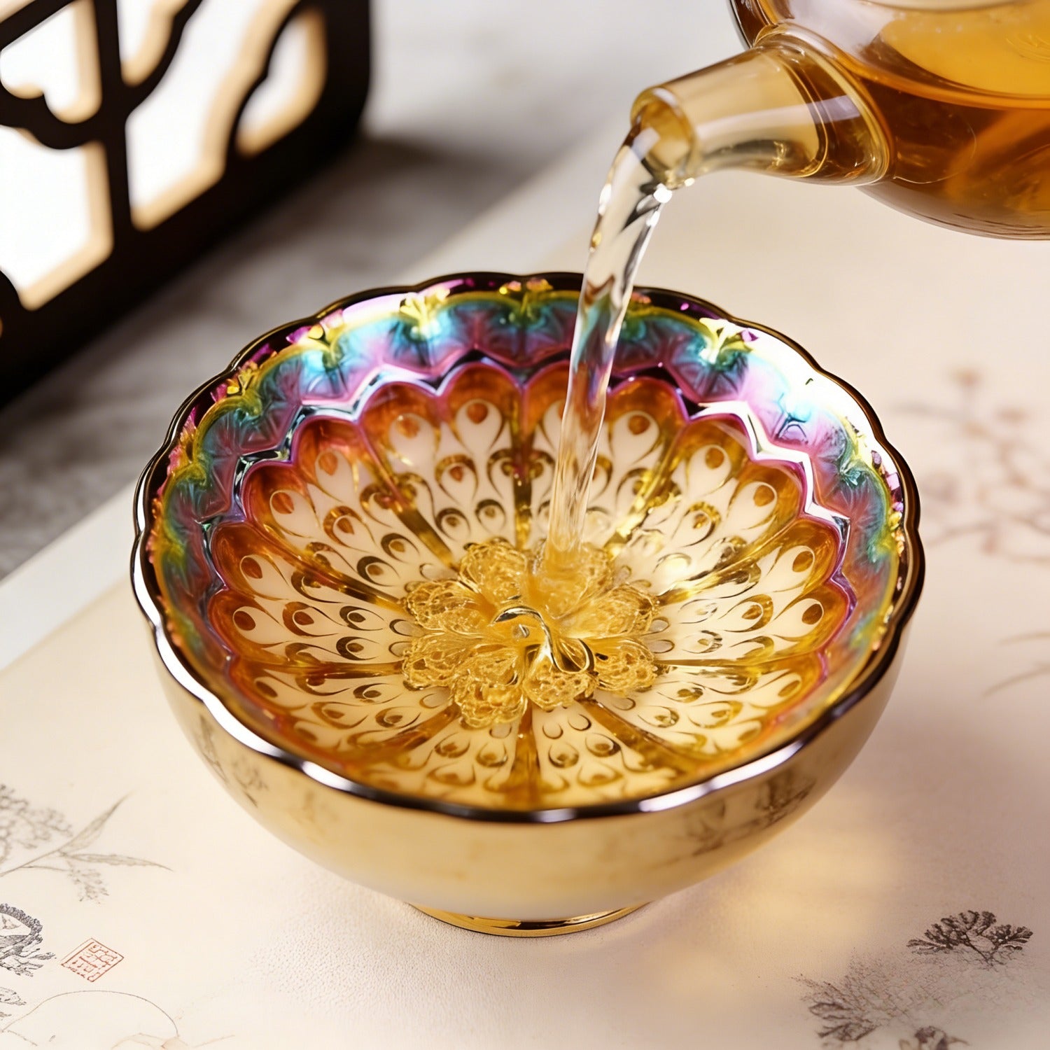 Iridescent Peacock Feather Tenmoku Silver Inlaid Master Cup