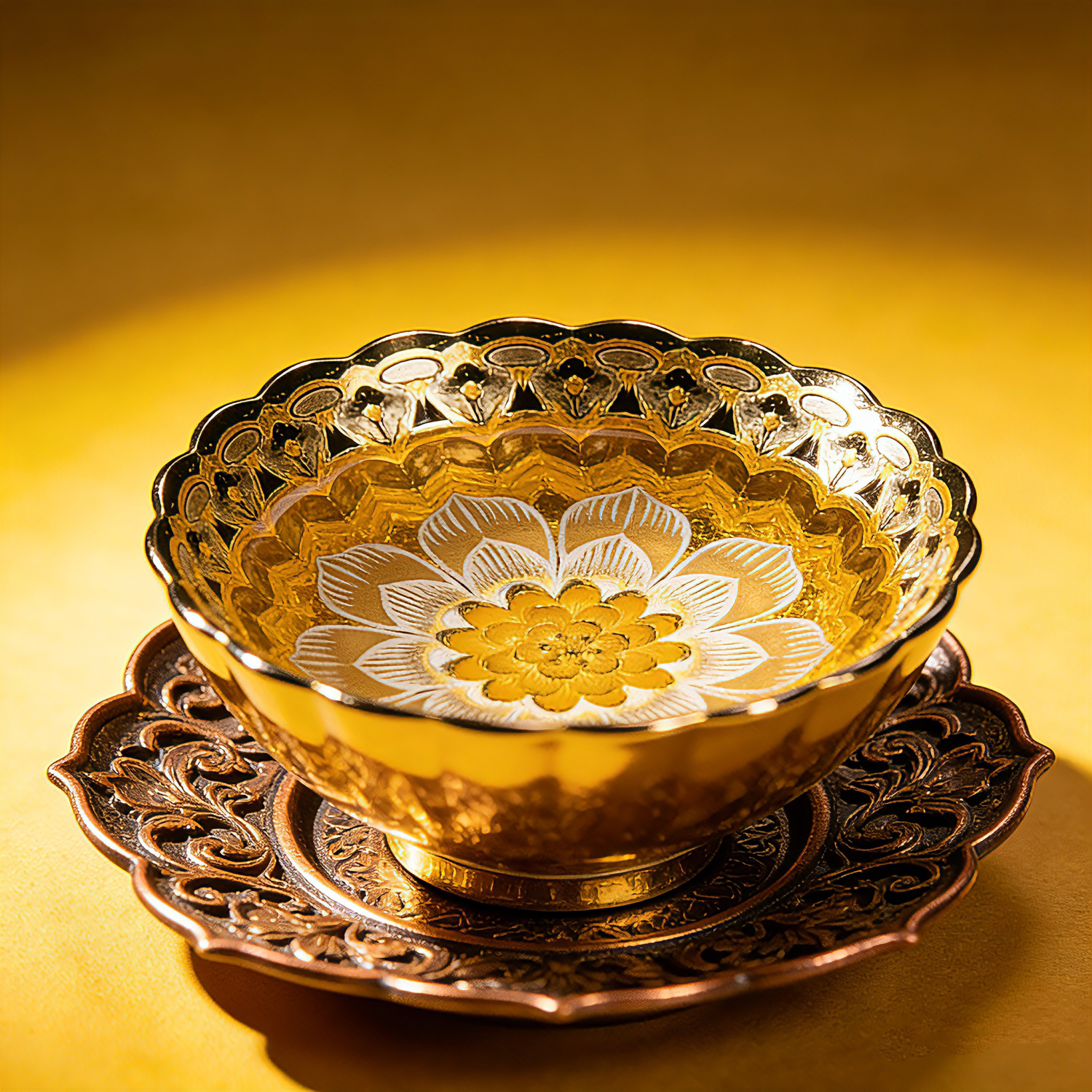 Gold White Luminous 9-Petal Lotus Tenmoku Silver Inlaid Master Cup