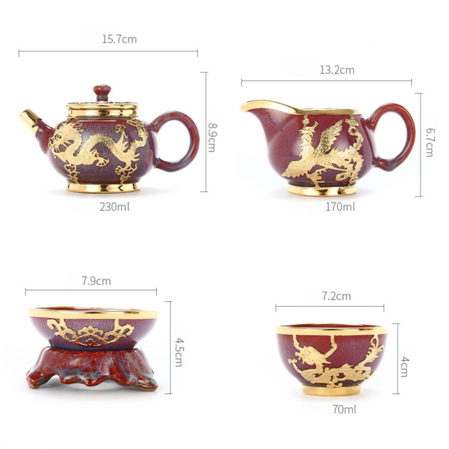 Jun Porcelain Dragon Phoenix Tea 9 Set Gold Inlaid