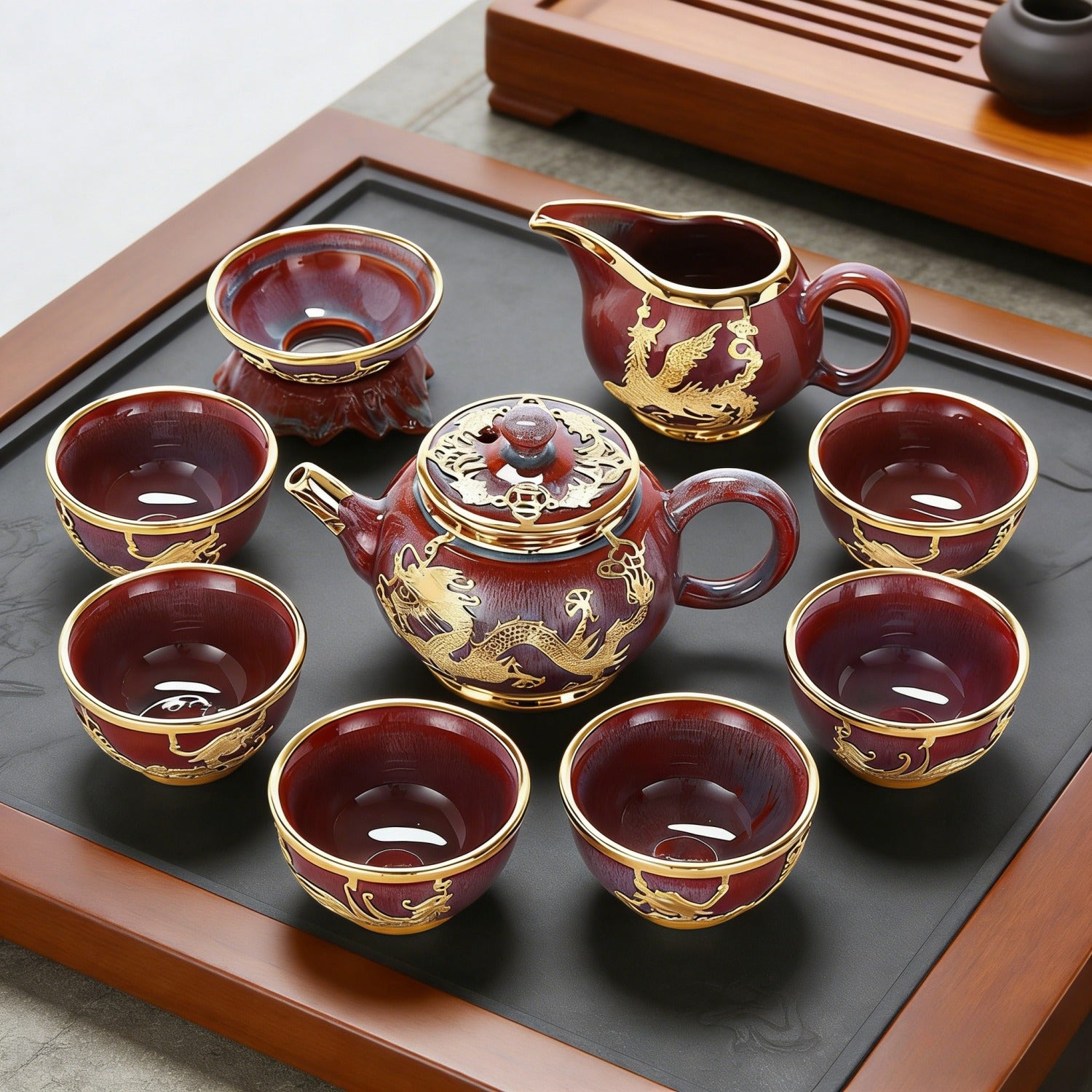 Jun Porcelain Dragon Phoenix Tea 9 Set Gold Inlaid