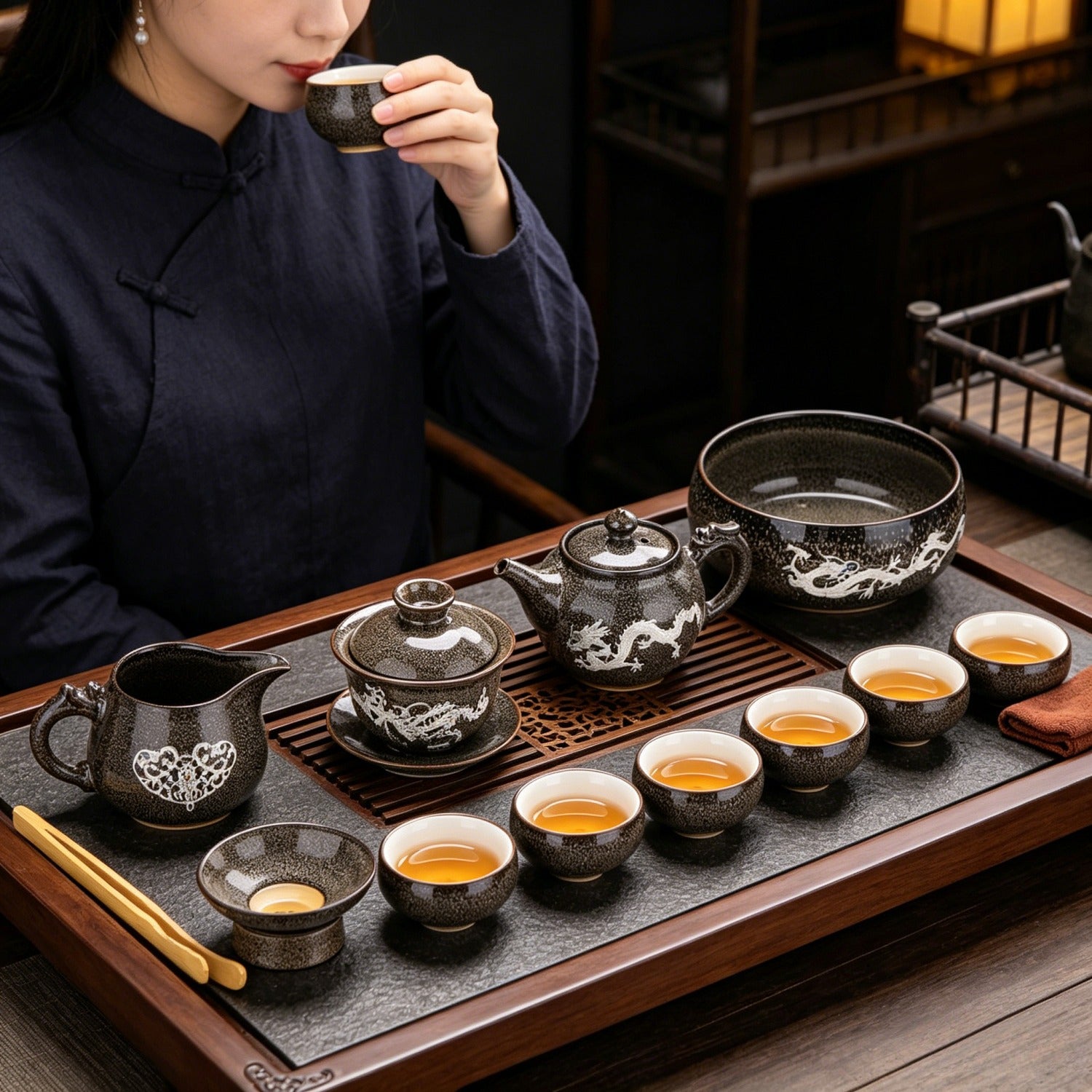 Brown Gray Silver-Inlaid 14Pcs Beauty Tea Set