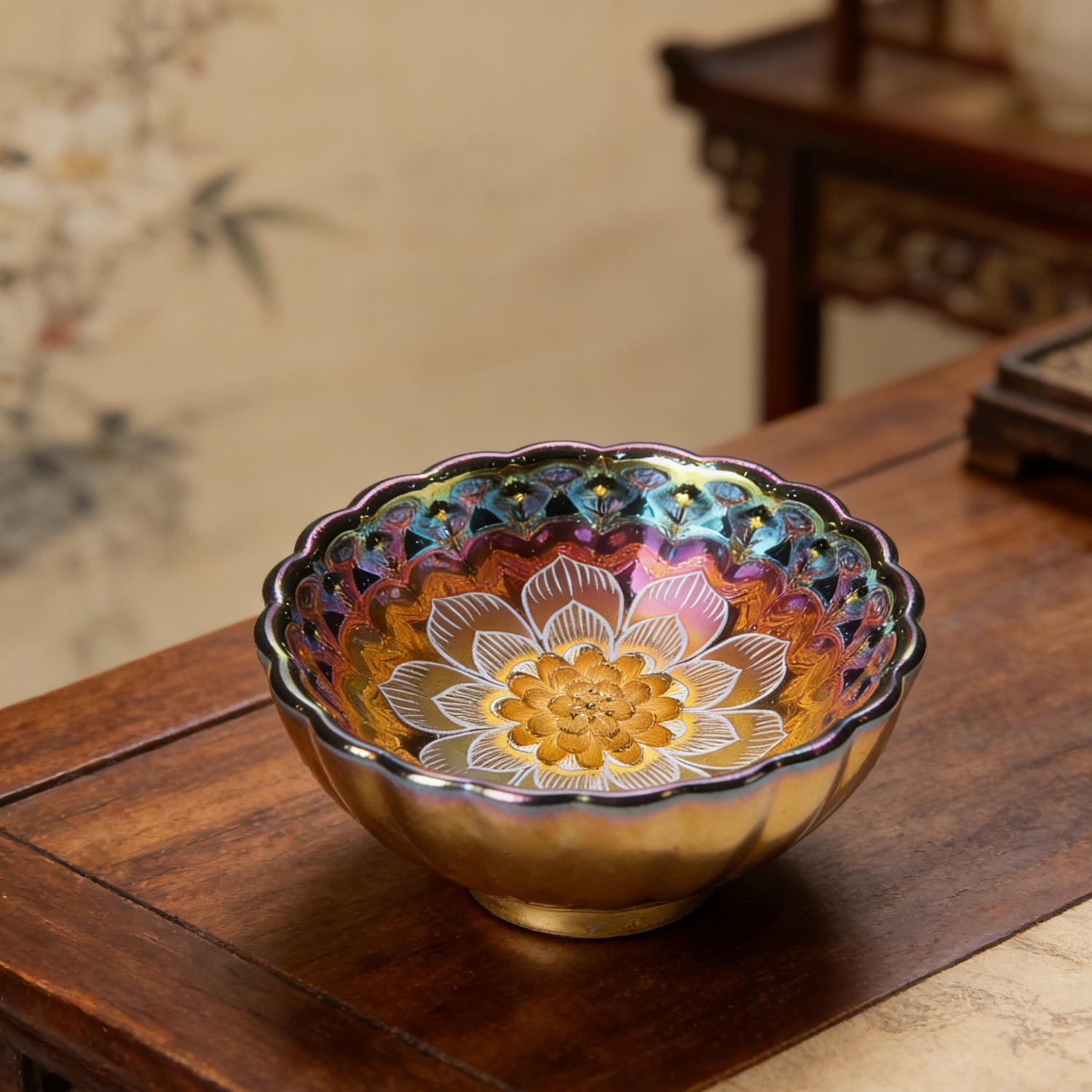 Colorful Luminous Tenmoku Silver Inlaid Master Cup